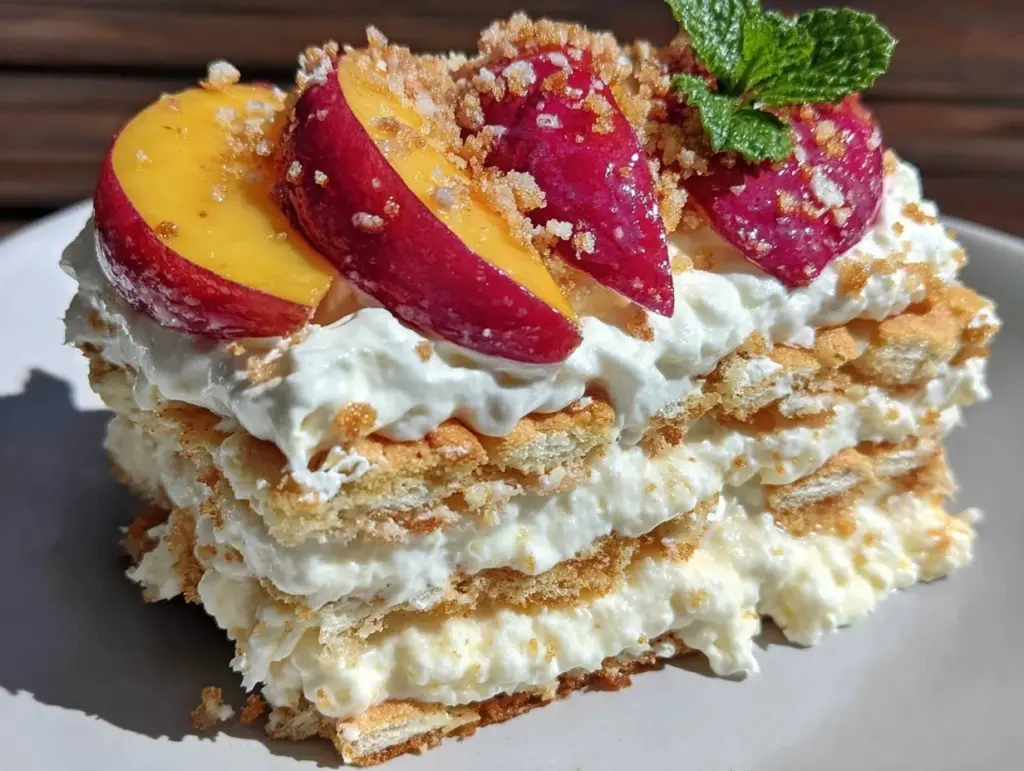 creamy no-bake peach icebox cake - featured image