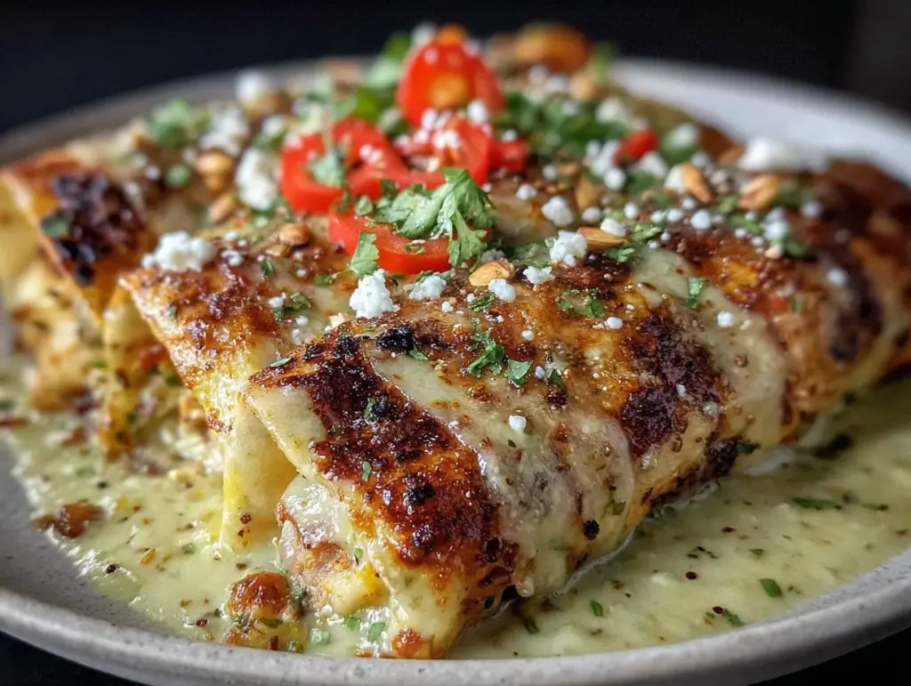 creamy roasted hatch green chile chicken enchiladas - featured image