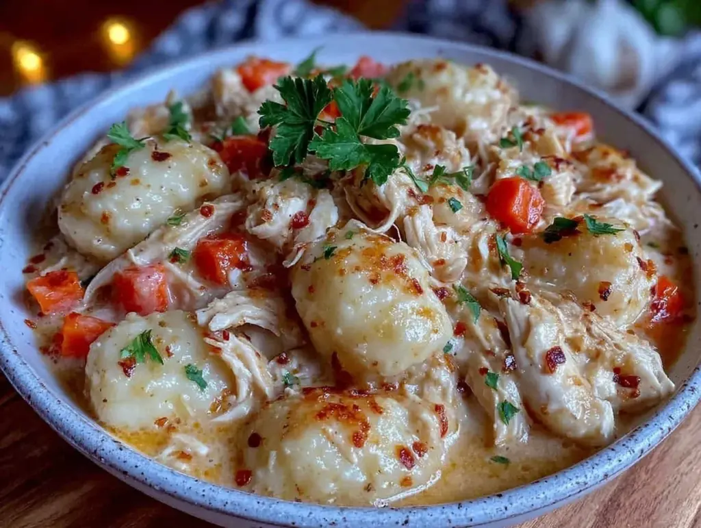 creamy slow cooker chicken gnocchi soup - featured image