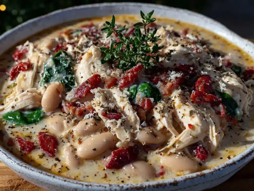 creamy tuscan white bean chicken slow cooker recipe - featured image