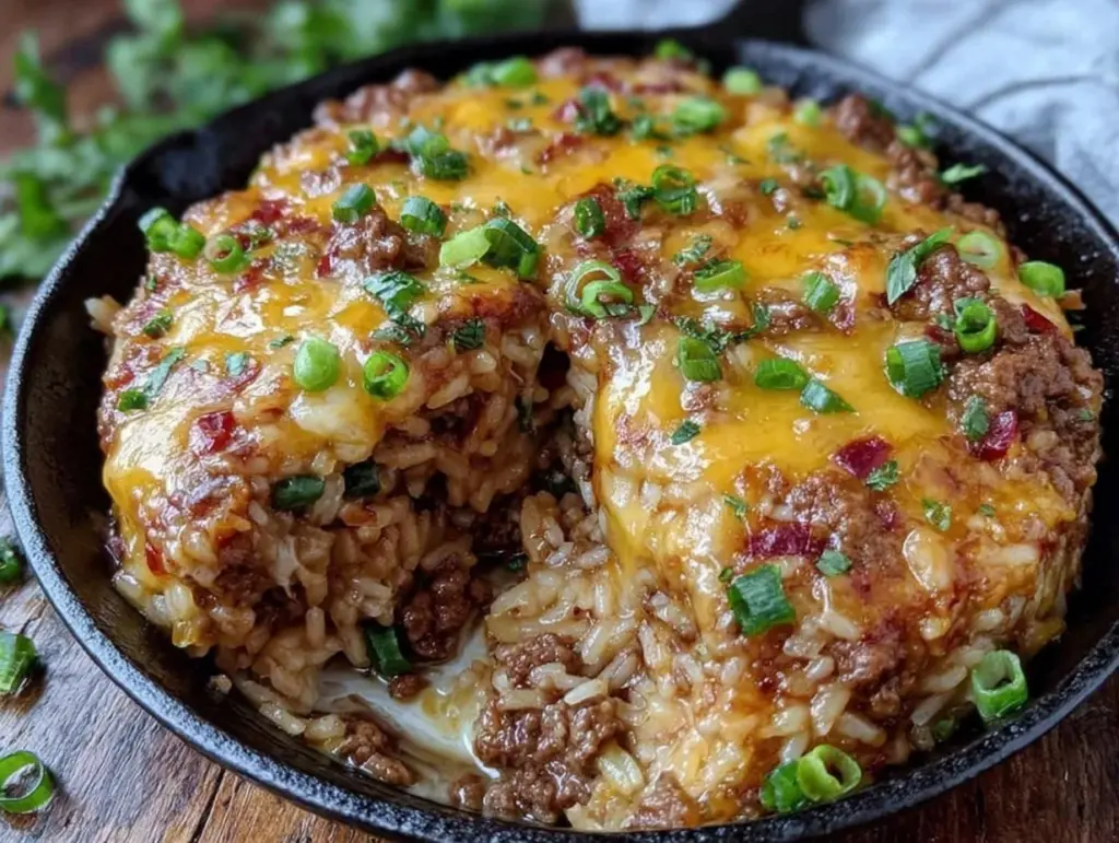 easy cheesy beef and rice skillet casserole - featured image