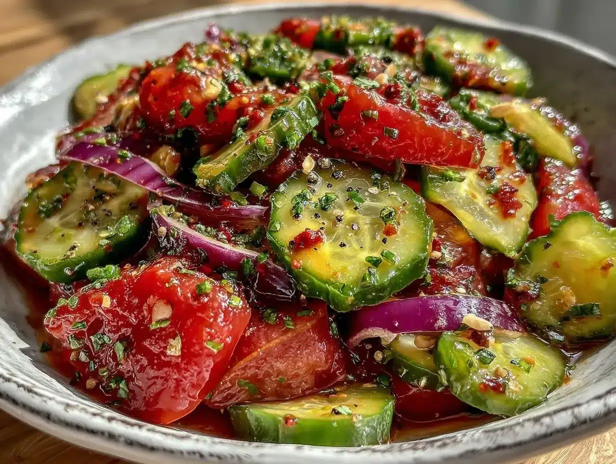 fresh cucumber tomato red onion salad preparation steps