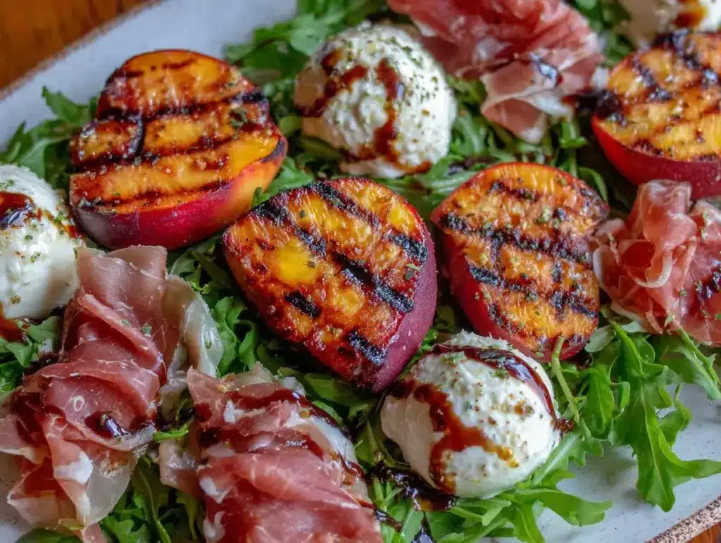 fresh grilled peach burrata salad - featured image