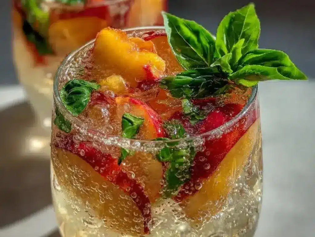 fresh peach basil shrub mocktail - featured image