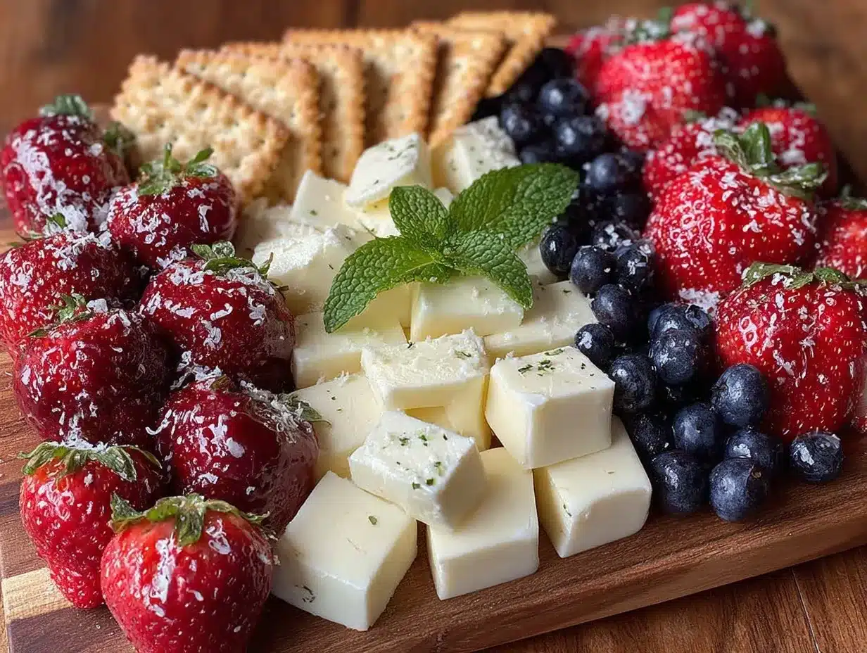 red white and blue charcuterie board preparation steps