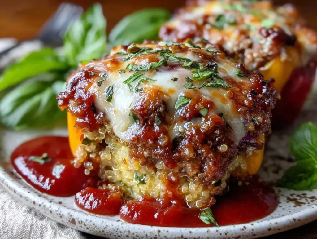savory cheesy baked ground beef stuffed bell peppers - featured image