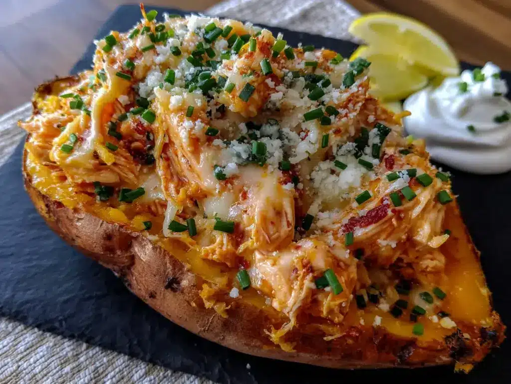 buffalo chicken stuffed sweet potatoes - featured image