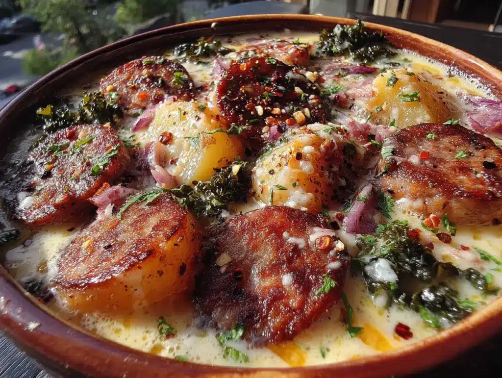 cozy slow cooker sausage and kale potato soup - featured image
