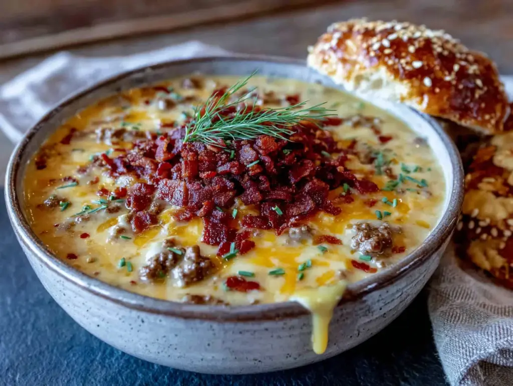 creamy cheeseburger potato soup with bacon - featured image