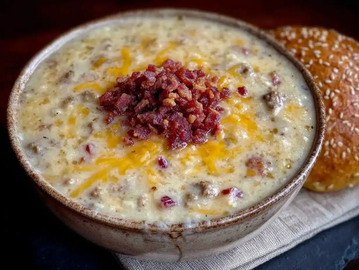 creamy cheeseburger potato soup with bacon preparation steps
