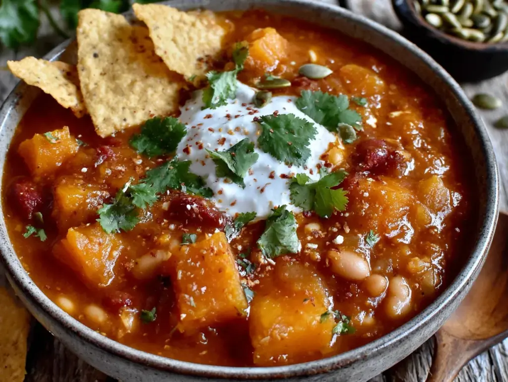 creamy crockpot pumpkin chili with white beans - featured image