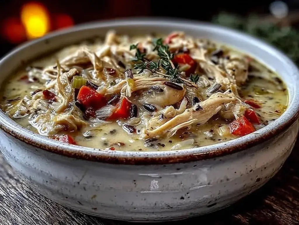 creamy crockpot turkey wild rice soup - featured image