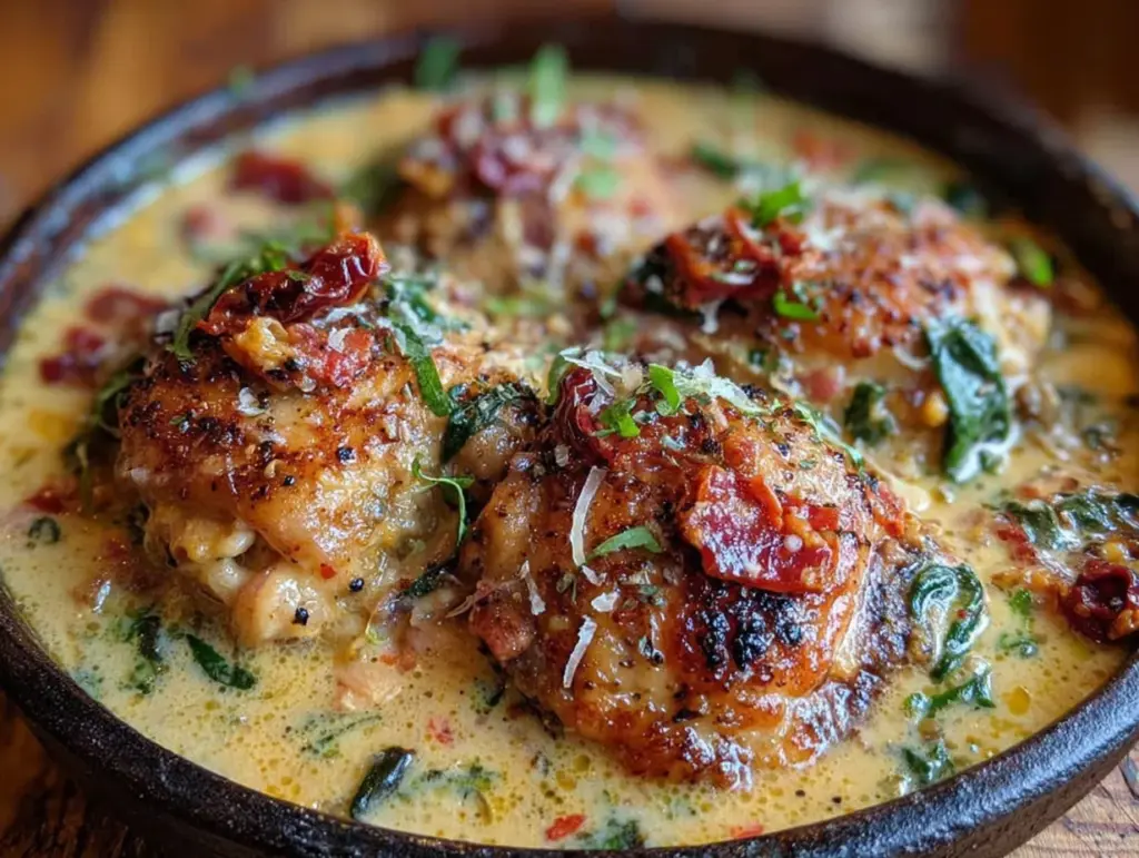 creamy crockpot tuscan chicken thighs - featured image