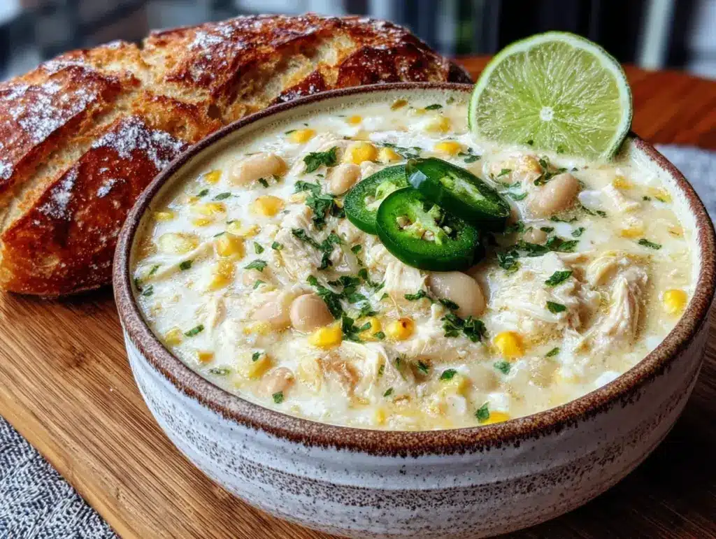 creamy crockpot white chicken chili with corn - featured image