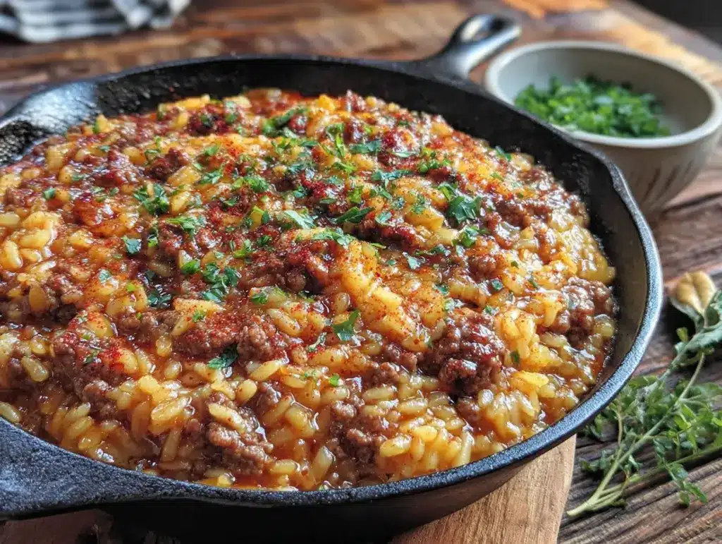 easy cheesy beef rice skillet - featured image