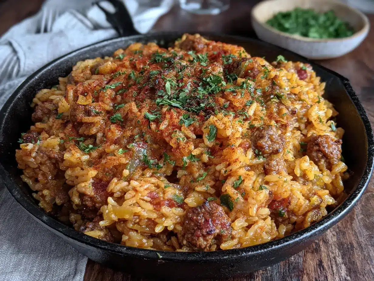 easy cheesy beef rice skillet preparation steps