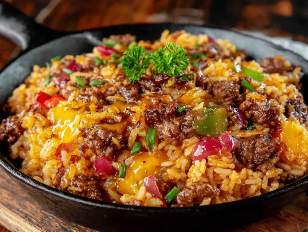 easy one-pan cheesy ground beef skillet - featured image