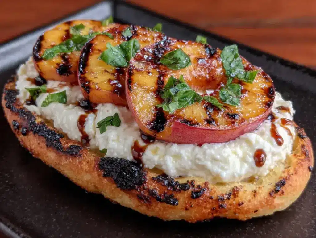 grilled peach and burrata flatbread - featured image