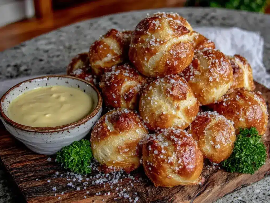 homemade soft pretzel bites with beer cheese dip - featured image