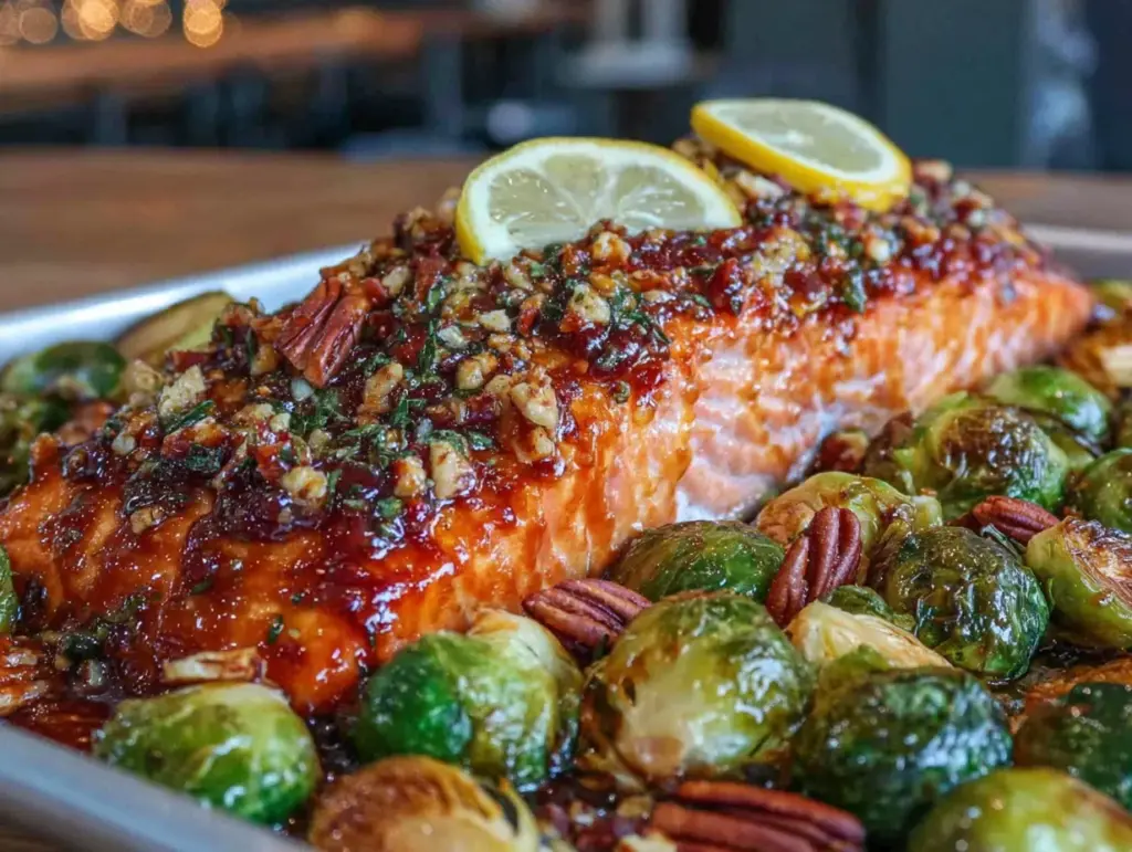 sheet-pan maple dijon salmon with crispy brussels sprouts - featured image