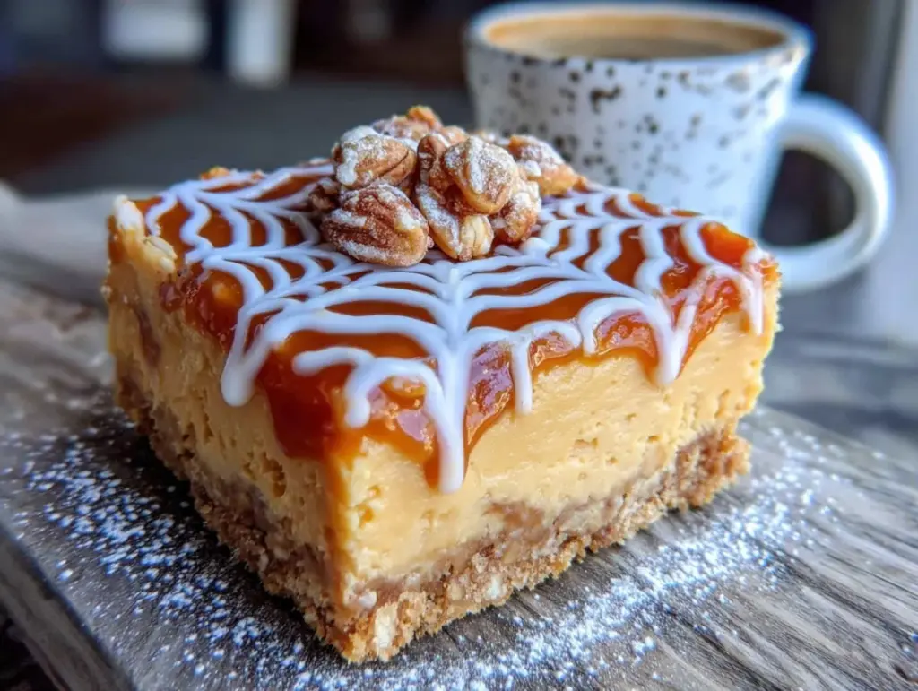 Spiderweb Pumpkin Cheesecake Bars - featured image