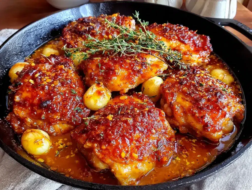 sticky honey garlic baked chicken thighs - featured image
