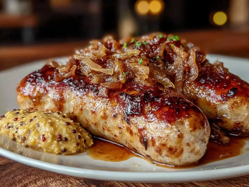 beer-braised bratwurst with caramelized onions - featured image