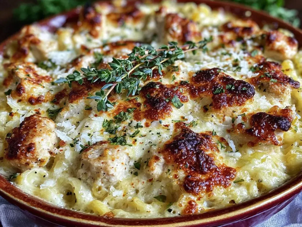 creamy chicken alfredo bake - featured image