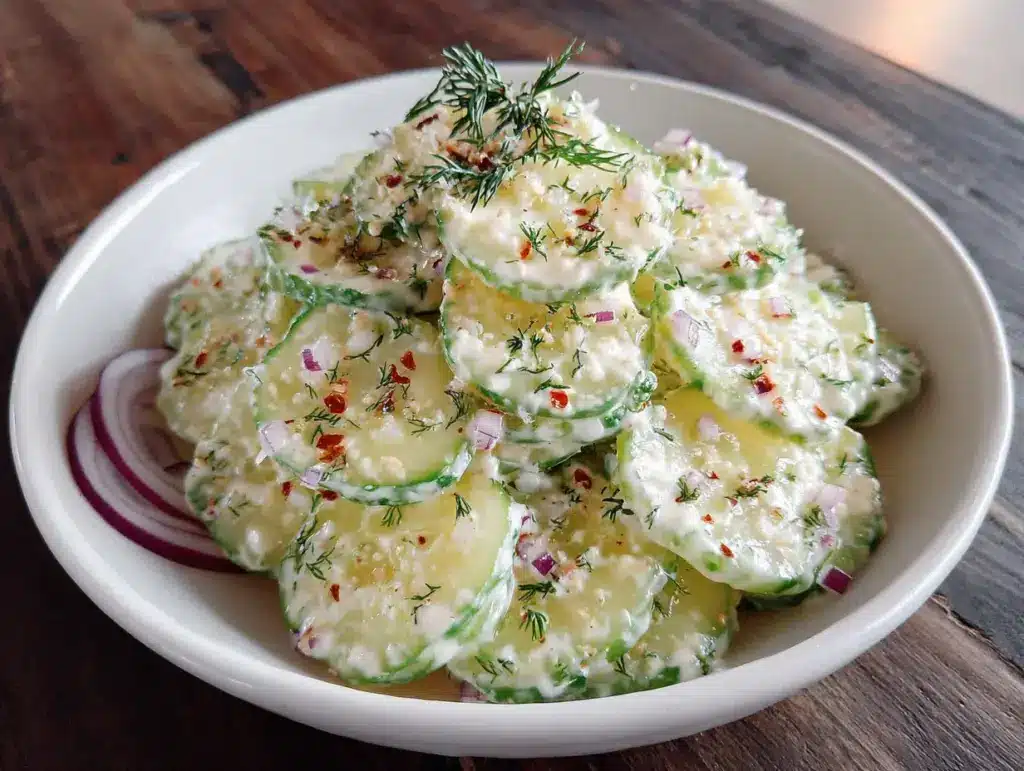 creamy cucumber salad with dill and red onion - featured image