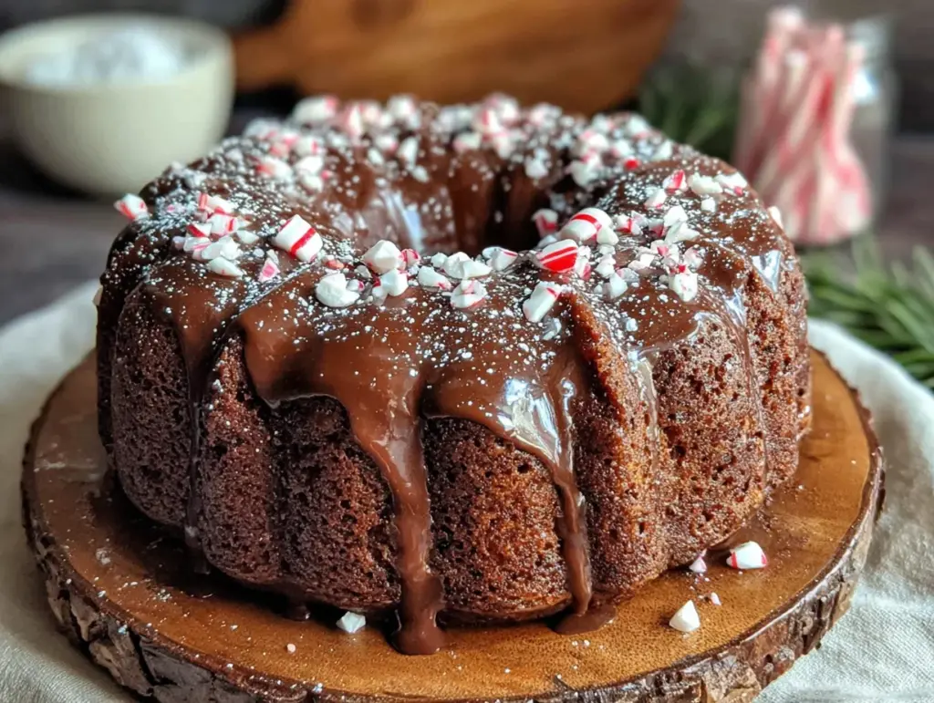 light peppermint bark chocolate bundt cake - featured image