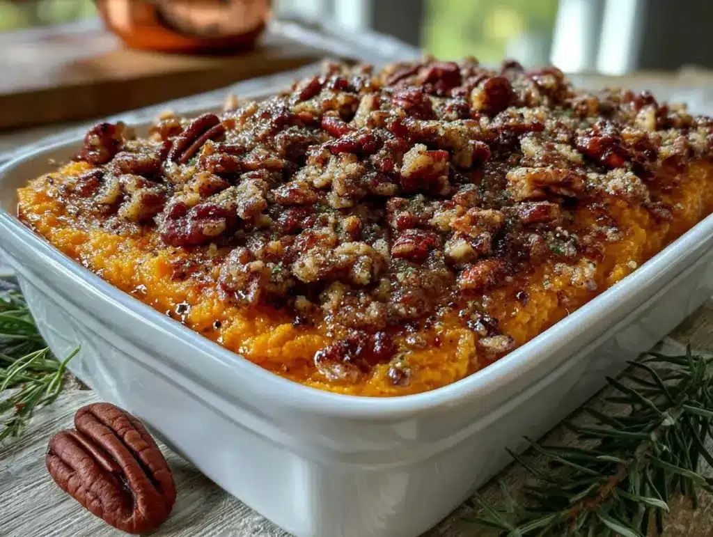 kid-approved sweet potato casserole with pecan streusel - featured image